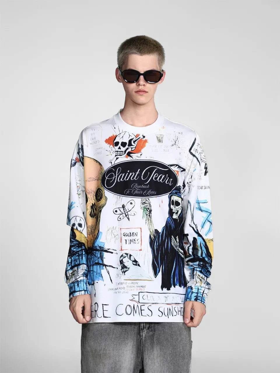 Saint michael tears all-over printed long-sleeved vintage autumn and winter T-shirt Style number: 110 Size: M L XL Wholesale price: 136 Color: Picture color